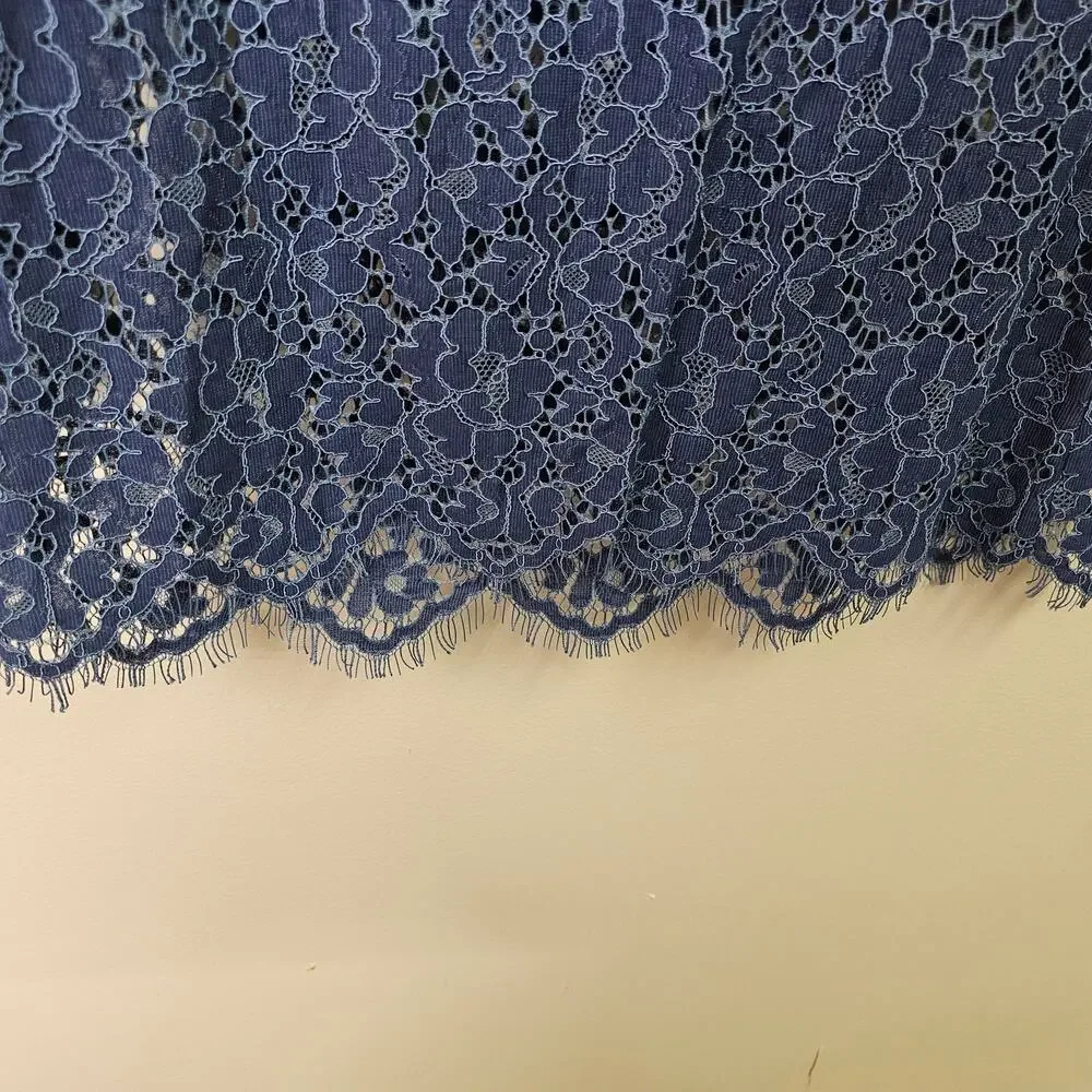 Petite Small Blue Floral Lace Top Eyelash Fringe Hem Crochet Blouse | Rafaella - Picture 6 of 6